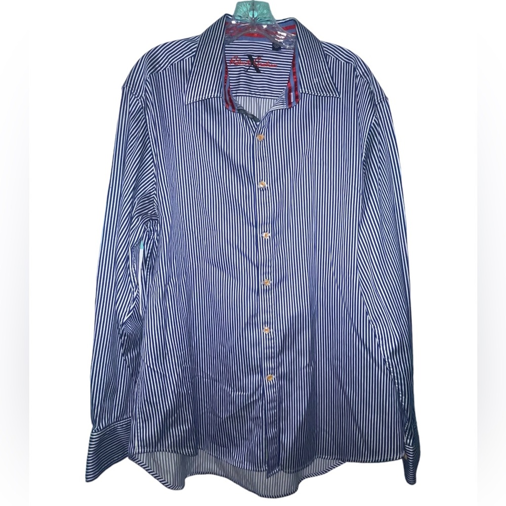 Men’s Robert Graham Long Sleeve Pin Striped Button Down Shirt Blue and White XXL